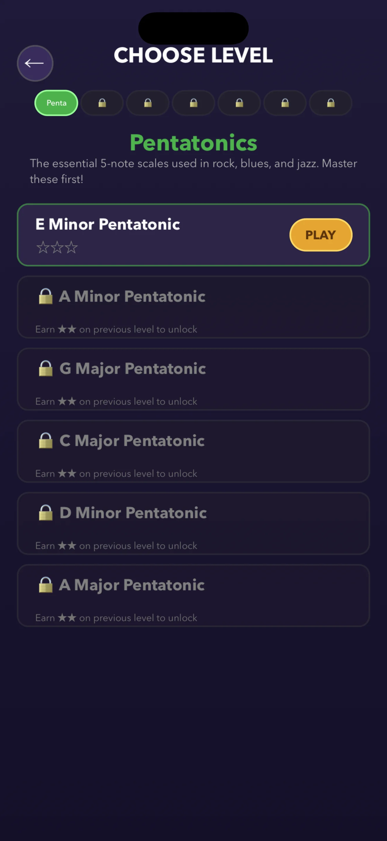 Level select screen showing Pentatonics category with scale-based levels